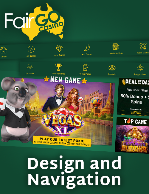 Design and Navigation at Fair GO Casino: game categories, promotion banners