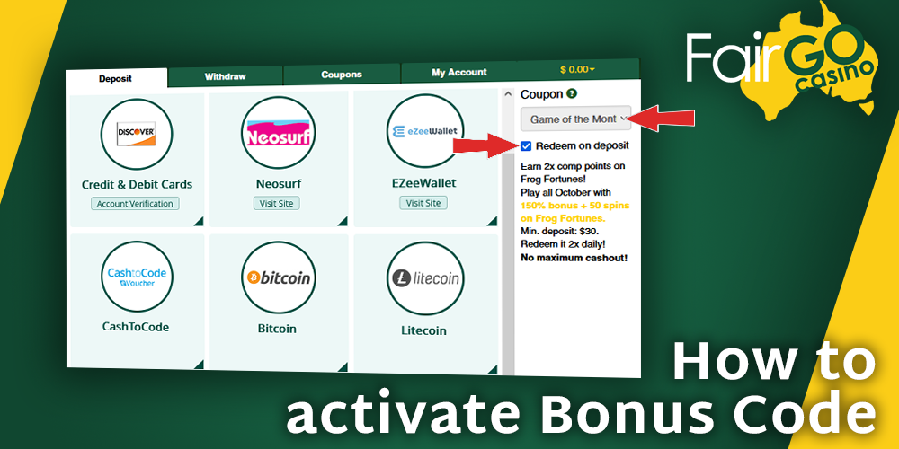 Step-by-step instructions on how to activate Bonus Code at Fair GO Casino