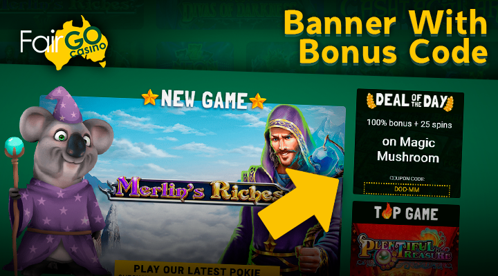 Banner with a promo code on the main page of Fair Go Casino