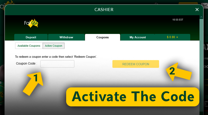 Entering no deposit bonus code in Fair Go Casino account - bonus activation