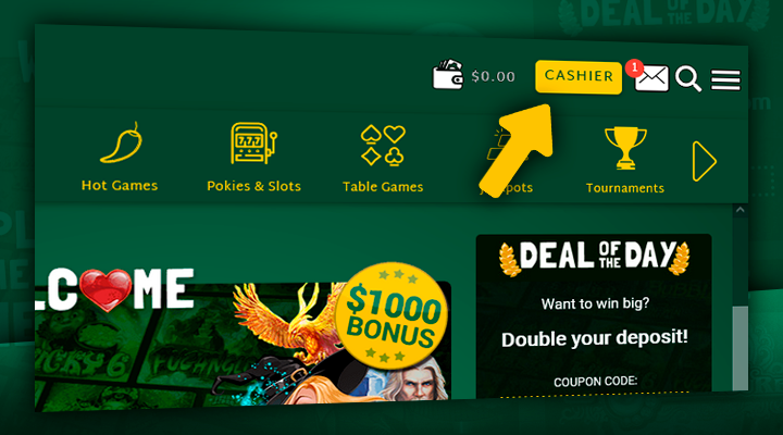 Opening Cashier section on Fair Go Casino website for deposit
