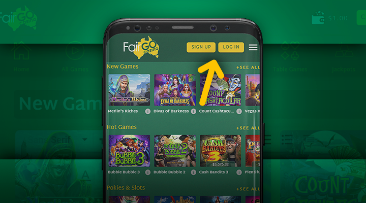 Registration and login buttons on the mobile version of the Fair Go Casino website