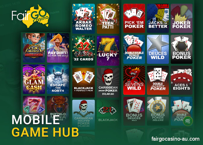 Categories of casino games in the Fair Go app - pokies, table games and more