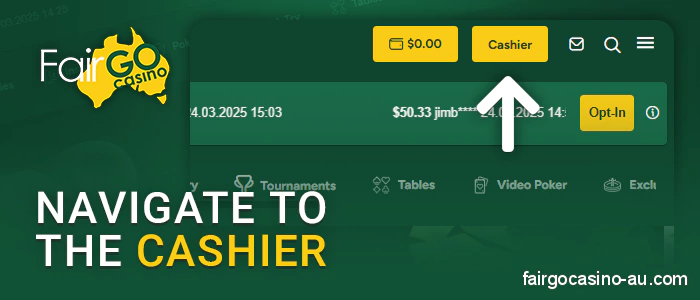 Open the payment section of the Fair Go Casino website