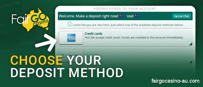Choose your deposit method at Fair Go Casino
